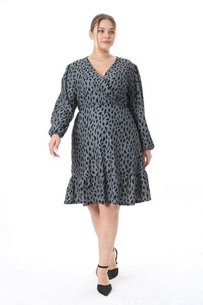 Mooi XXL Women's Gray Black Spotted Pattern Double Breasted Balloon Sleeve Plus Size Wrap Dress