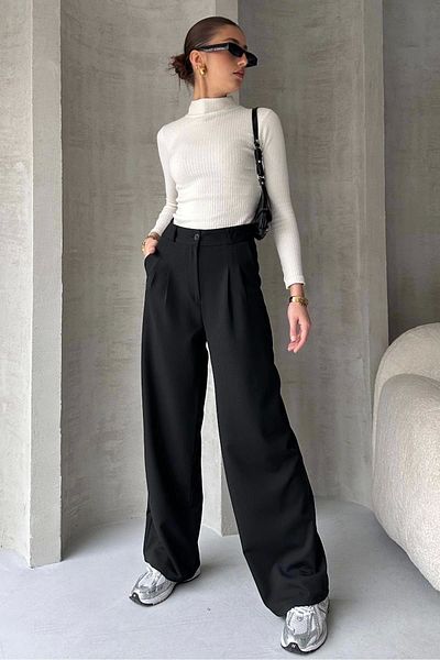 mymoda Volné nohavice černé Palazzo dámské kalhoty - Detailní kalhoty