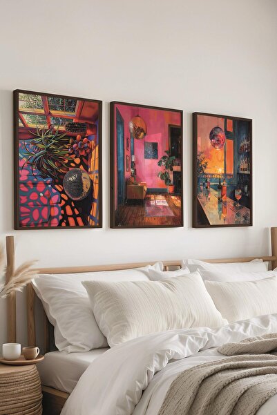 Postifull Siyah Çerçeveli Tablo Seti, Disko Topu Maximalist Duvar Tablosu, 3 Adet Poster Seti, No:300794