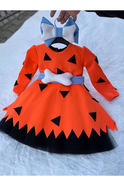 Sare Çocuk Giyim Birthday Orange Stone Age Dress, Long Sleeve Pebble Party Costume