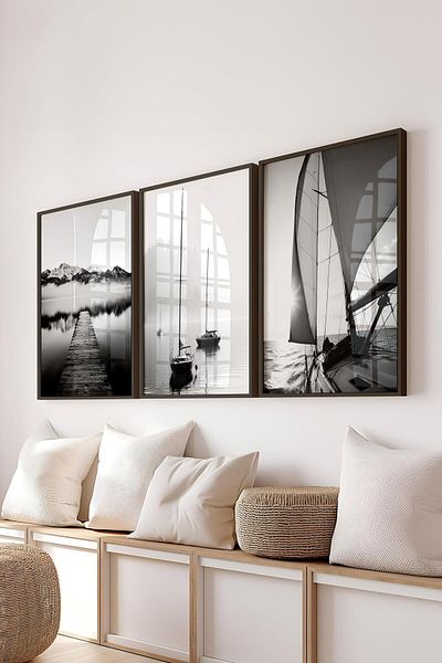 Postifull Set de pictură cu cadru negru, pictură de perete cu barca cu pânze alb-negru, set de 3 posteri, nr:300717