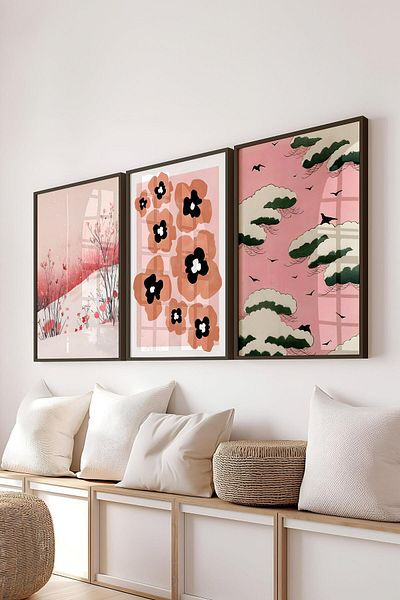 Postifull Set de pictură cu cadru negru, pictură murală mixtă roz, set de 3 posteri, nr:300781