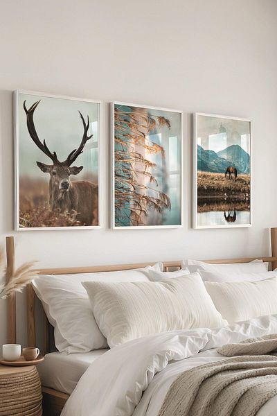 Postifull Set de pictură cu cadru alb, pictură murală natură sălbatică, set de 3 posteri, nr:300735