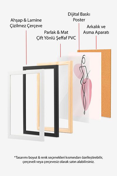 Postifull Black Framed Painting Set, Pink Wall Painting, 3 Piece Poster Set, No:300749