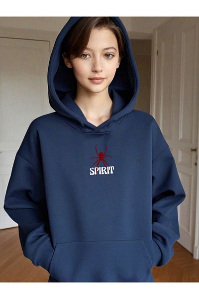DEEPSENCE Дамски суитшърт с качулка в тъмносин цвят - SPIRIT PRINTED