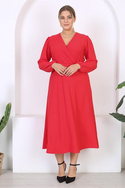 Mooi XXL Women's Red Double Breasted Collar Balloon Sleeve Maxi Length Wrap Dress