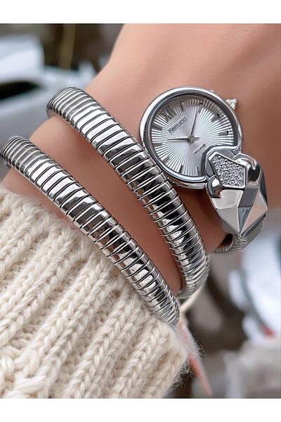 Ferrucci Steel Cord Stone Detail Snake Model Women's Wristwatch with 2 Years Warranty 3 Atm Waterproof