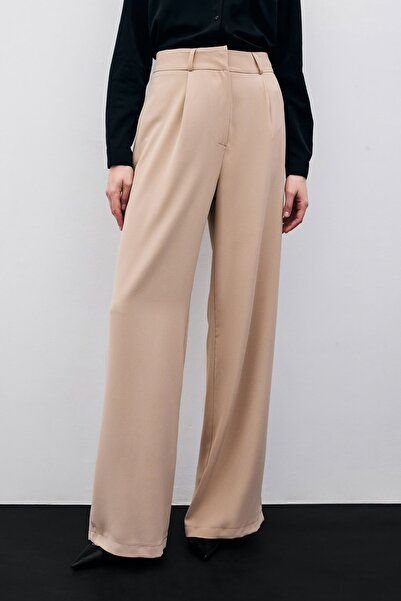 Sateen Pileli Krep Pantolon - Bej