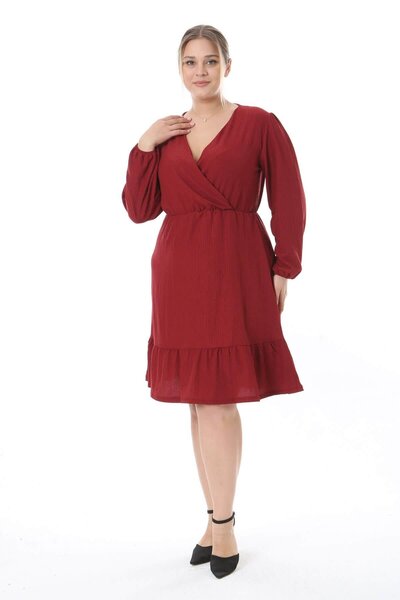 Mooi XXL Women's Burgundy Double Breasted Balloon Sleeve Plus Size Wrap Dress