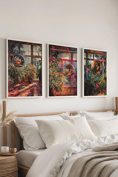 Postifull Set de pictură cu cadru alb, pictură murală Disco Ball Maximalist, set de 3 posteri, nr:300797