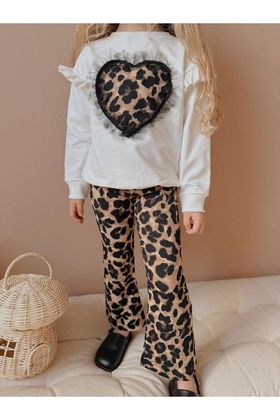 YİGİT BUTİK Yigit Boutique Leopard Leggings Spanish Leg Girl's Bottom Top Set