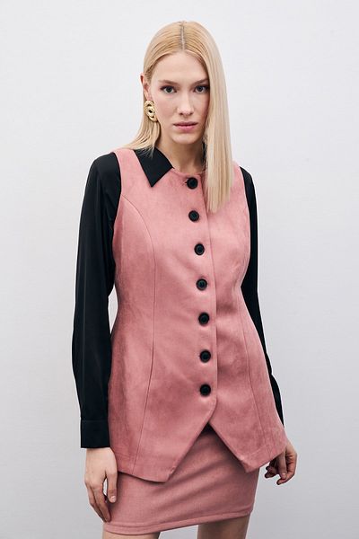Sateen Buttoned Long Suede Vest - Powder