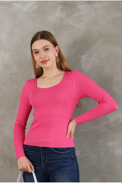 LUQAJ Women's Lycra Ribbed Pink Long Sleeve Gathering Knitwear Sweater