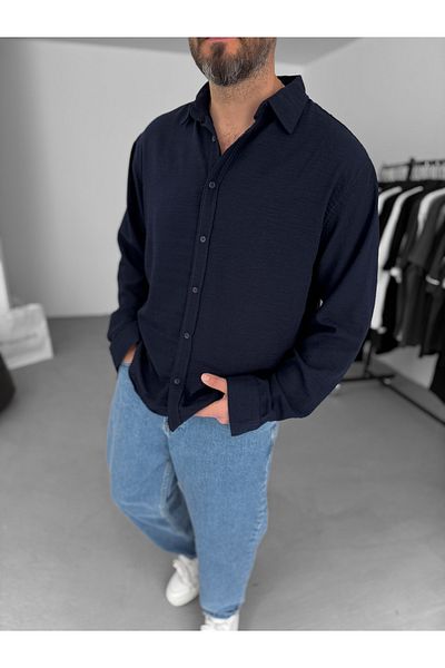 BYBASICMAN Navy Blue Crinkle Fabric Shirt Res-5169