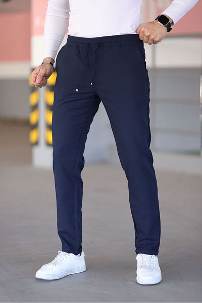 Bürke Men's Navy Blue Elastic Waist Lace-Up Stretchy Fitted Jogger Pants Fabric Pants