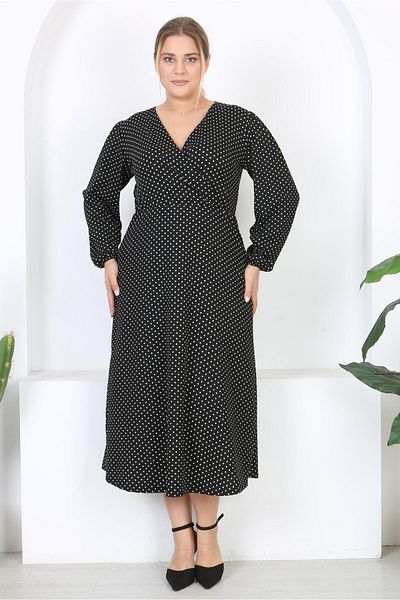 Mooi XXL Γυναικείο μαύρο λευκό πουά μοτίβο με διπλό στήθος με μπαλόνι μανίκι μάξι φόρεμα