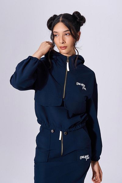 Naar Navy Blue Hooded Zippered Long Sleeve Women's Sweatshirt - Naar91304