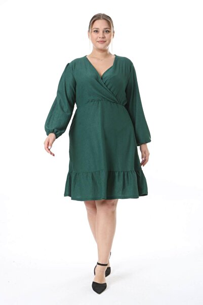 Mooi XXL Γυναικείο Σμαραγδένιο Πράσινο Διπλό Φόρεμα με Μπαλόνι Μανίκι Plus Size