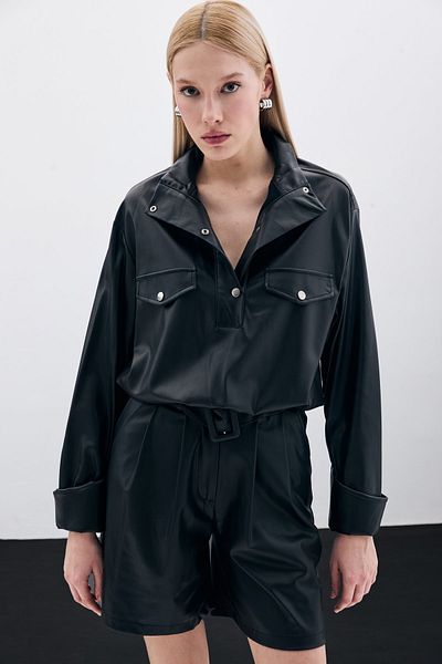 Sateen Δερμάτινη Μπλούζα Shiring - Μαύρη