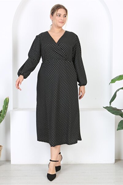 Mooi XXL Γυναικείο μαύρο λευκό πουά μοτίβο με διπλό στήθος με μπαλόνι μανίκι μάξι φόρεμα