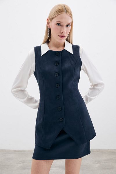 Sateen Buttoned Long Suede Vest - Navy Blue