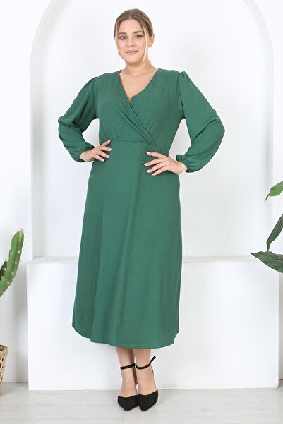 Mooi XXL Γυναικείο σμαραγδένιο πράσινο φόρεμα με διπλό στήθος με μπαλόνι μανίκι μάξι μήκους