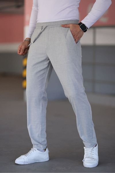 Bürke Men's Gray Color Elastic Waist Lace up Stretchy Fitted Jogger Pants Fabric Trousers