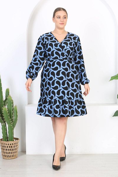 Mooi XXL Women's Blue Black Drop Pattern Double Breasted Collar Balloon Sleeve Plus Size Stretchy Dress