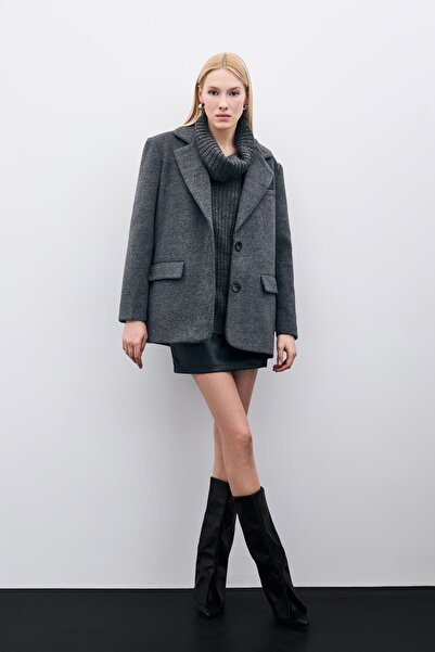 Sateen Κασμίρ μπουφάν με κουμπί - Μαύρο