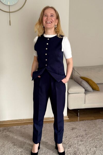 Byelmira بدلة مكتب نسائية سترة سفلية باللون الأزرق الداكن