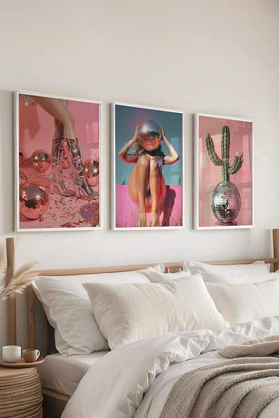 Postifull Set de pictură cu cadru alb, pictură murală maximalistă Disco Ball, set de 3 posteri, nr:300795