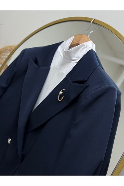 Ebrar Store Merve Collar Bronchus Metal Button Bell Jacket-Ün2028 Navy Blue