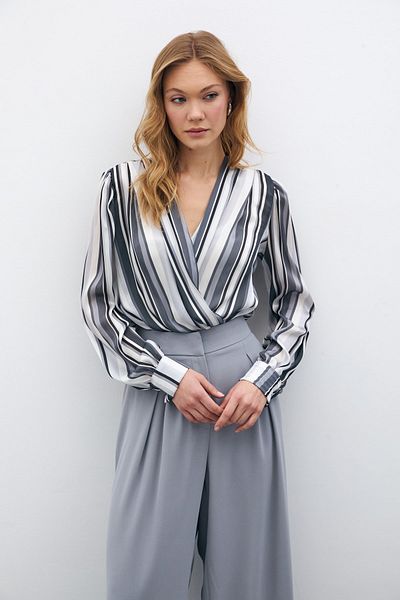 Sateen Striped Bodysuit Blouse - Gray