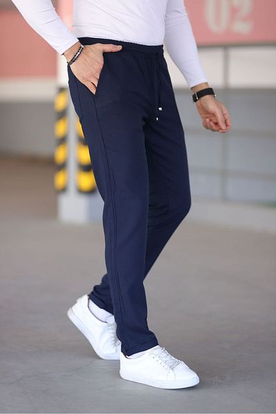 Bürke Men's Navy Blue Elastic Waist Lace-Up Stretchy Fitted Jogger Pants Fabric Pants