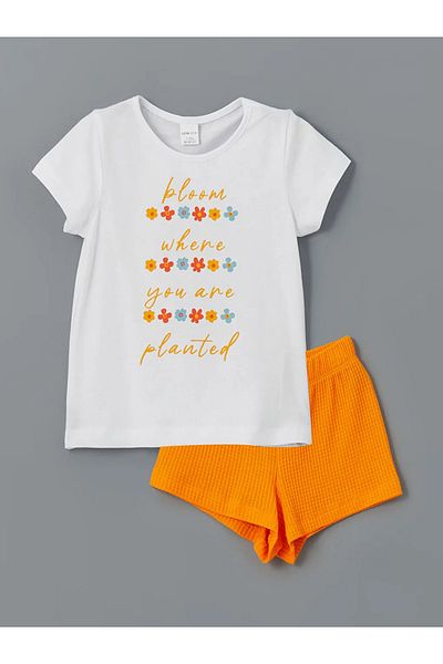 LC Waikiki Lcw Eco Orange Crew Neck Printed Girls' T-Shirt and Shorts 2-Piece