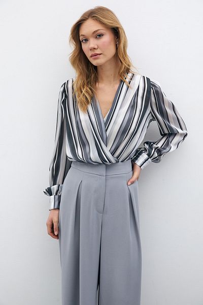 Sateen Striped Bodysuit Blouse - Gray