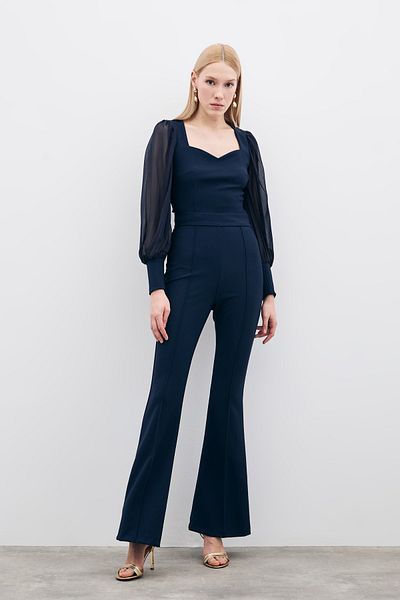 Sateen Spanish Leg Trousers - Navy