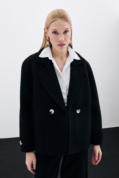 Sateen Buklet Kısa Kaban - Siyah