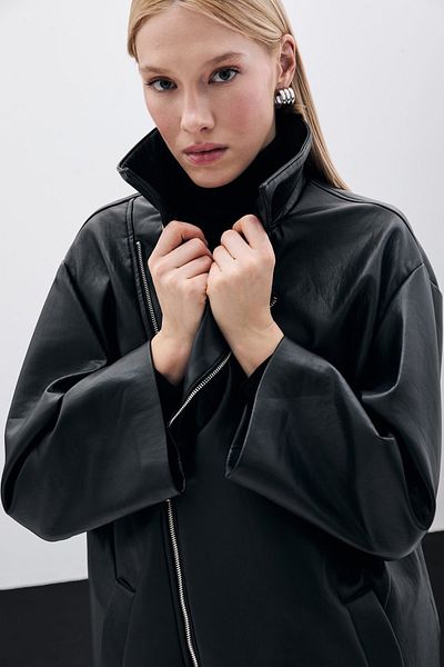 Sateen Black Oversize Leather Jacket