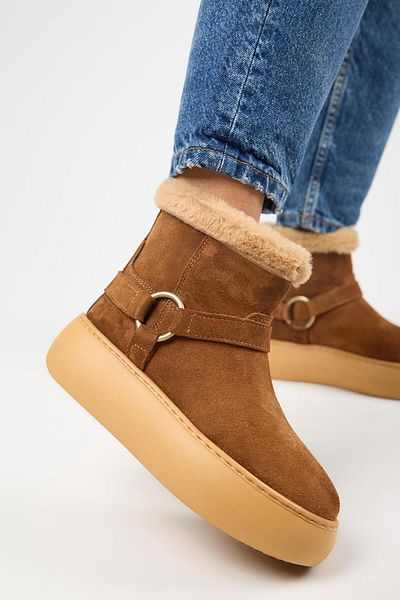 Manijero Caterina Women's Genuine Leather Tan Boots with Fur Inside and Belt