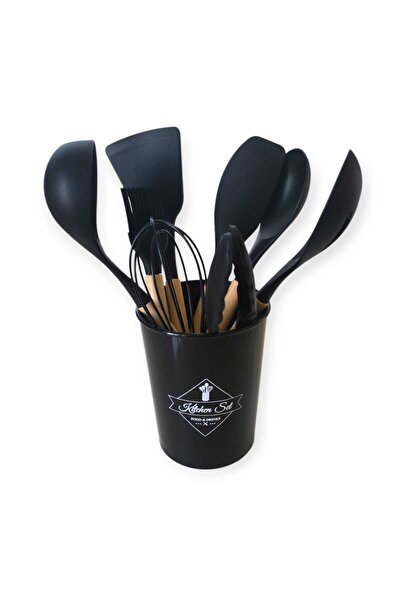 ARMESE 8 Piece Silicone Fireproof Non-Stick Heat Resistant Ladle Set with Stand Black