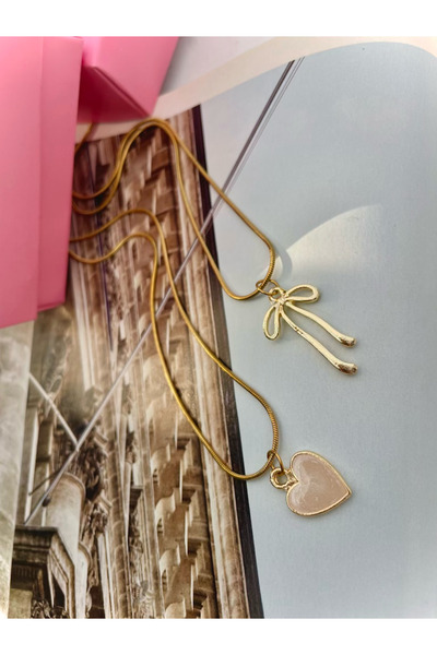 LAİKA Beyaz Zarif Kalp ve Fiyonk İkili Kombin Çelik Kolye Sevgililer Günü Hed...