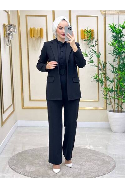 NHMODA KEMER DETAYLI DOUBLE KREP KLASİK KESİM 2 Lİ TULUM VE CEKET TESETTÜR TA...