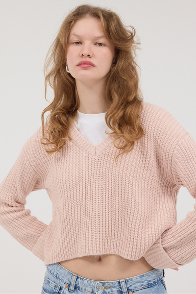 Addax V-Neck Fold Sleeve Knitwear Sweater K3389-Asn75