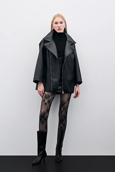 Sateen Oversize Deri Ceket - SİYAH