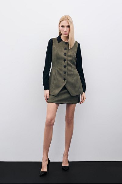 Sateen Buttoned Long Suede Vest - Khaki