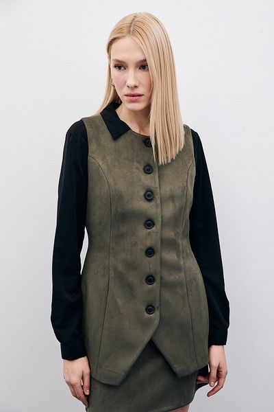 Sateen Buttoned Long Suede Vest - Khaki