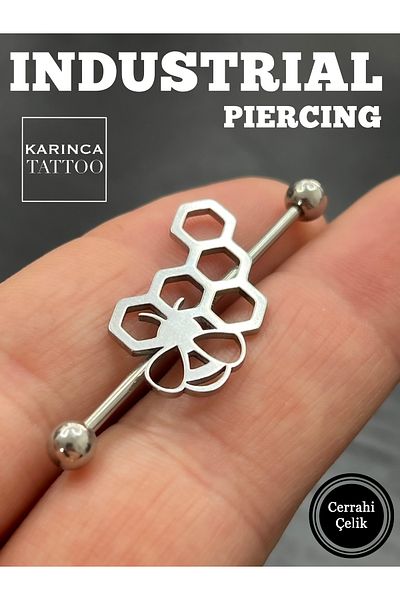 Karınca Piercing Silver Color Bee Honeycomb Patterned Ear Industrial Bridge Piercing (Ant Tattoo)