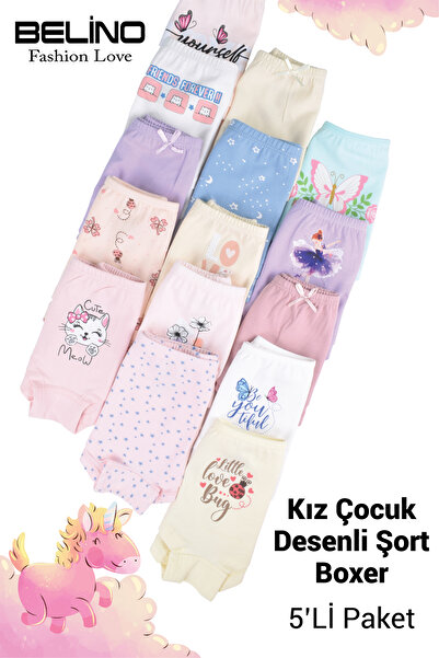 BELİNOPLUS Penye Likralı 5 Li Paket Çok Renkli Baskılı Kız Çocuk Short Boxer