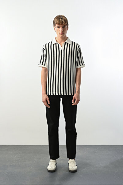 İLKCET MODA V Yaka Çizgili Erkek Oversize T-shirt
